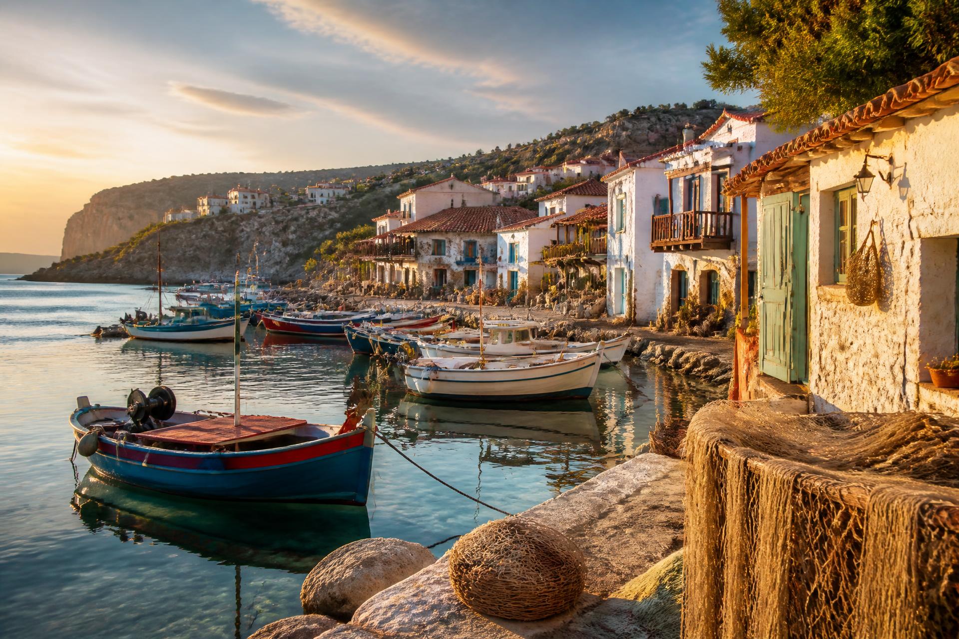 Mediterranean fishing village at golden hour — colorful wooden boats moored in a glassy turquoise bay, whitewashed cottages with terracotta roofs, nets drying on stone walls