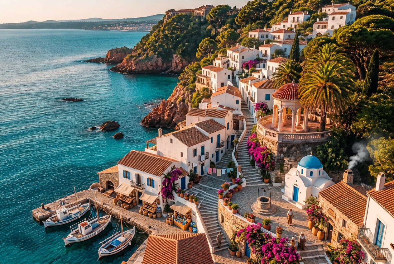 Santorini, Greece — whitewashed village with blue domes above the Aegean