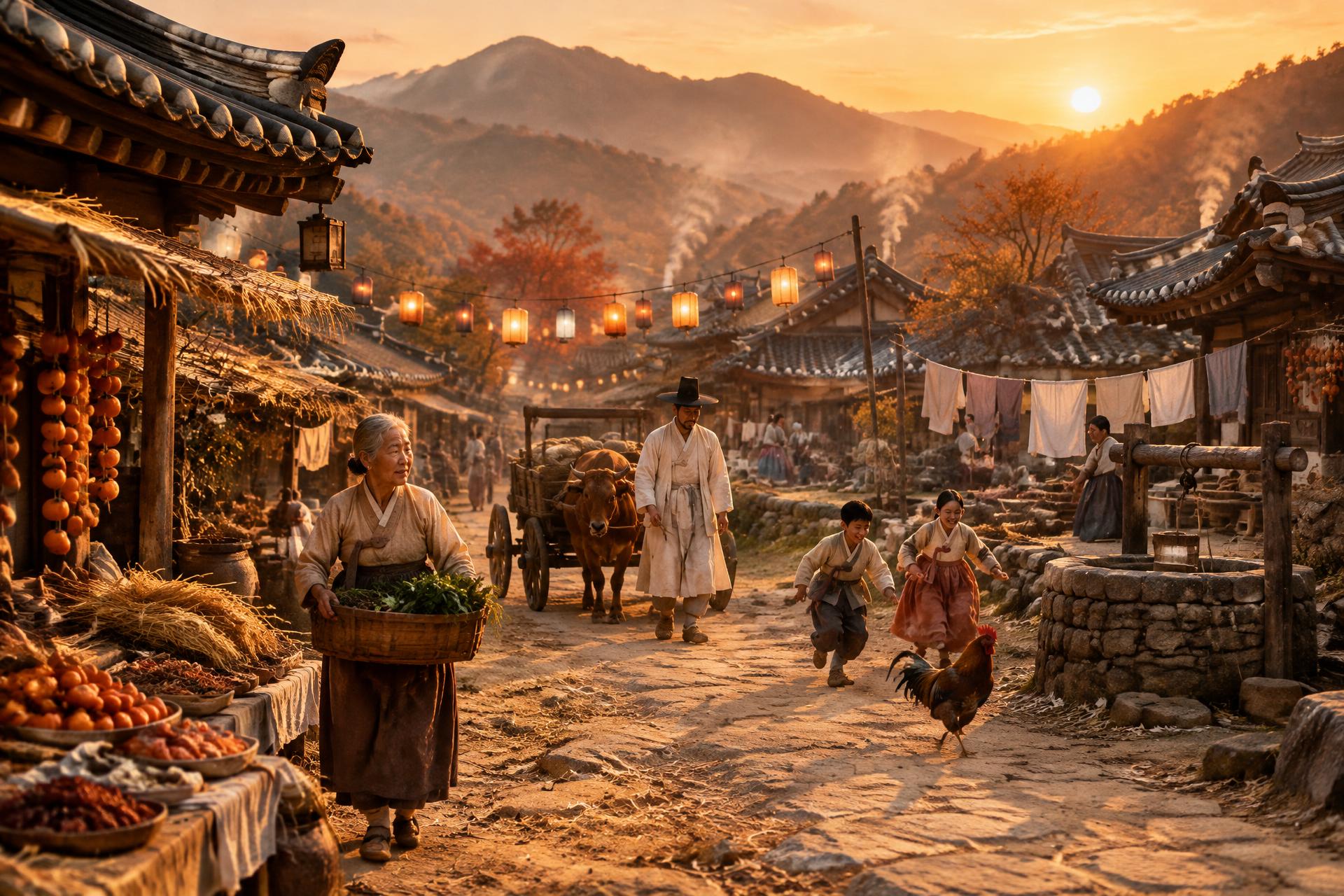 A Joseon-era Korean village at golden hour — hanok rooftops, lanterns strung across the lane, an ox cart, a grandmother carrying greens, children chasing a rooster past the well, market stalls with persimmons and kimchi jars, laundry lines, smoke from kitchen chimneys, misty autumn mountains behind
